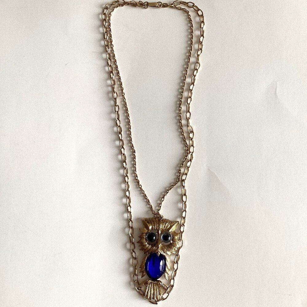 Blue Owl Necklace Drop Pendant Double Chain Women's Colorful Gemstone - Picture 2 of 4